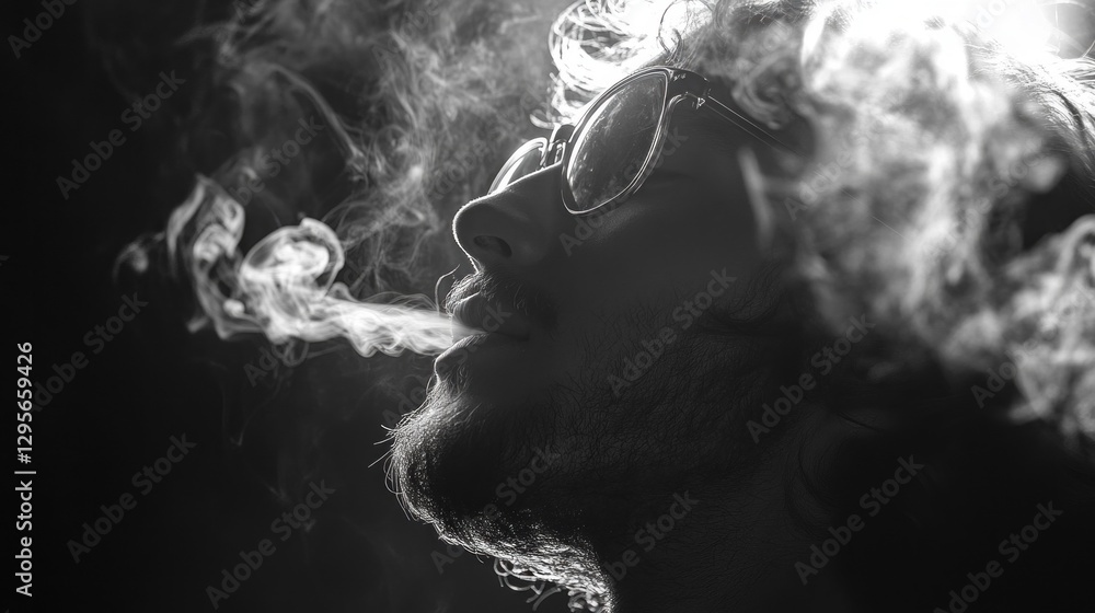 Poster a man leans back, exhaling a cloud of smoke while wearing sunglasses, his thoughtful demeanor illumi