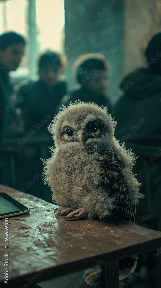 Poster owl using a tablet in a classroom. ai.