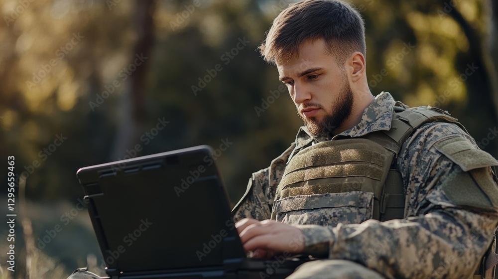 Poster a man in a military uniform is sitting on the ground and using a laptop. generative ai