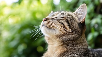 Cute cat enjoying the sun with eyes closed in a lush green environment conveying happiness : Generative AI