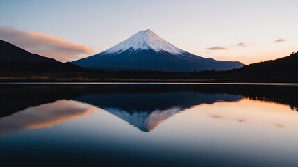 Majestic view of Mount Fuji reflecting perfectly on a calm lake during the sunrise creating a stunning effect : Generative AI