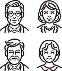 人物　男性　女性　ミドル　シニア　ビジネス　スーツ　線　シンプル　アイコン　イラスト　素材　セット