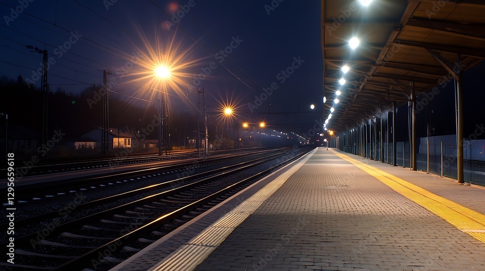 Poster quiet train station at night illuminated by warm lights casting reflections on the empty platform : 