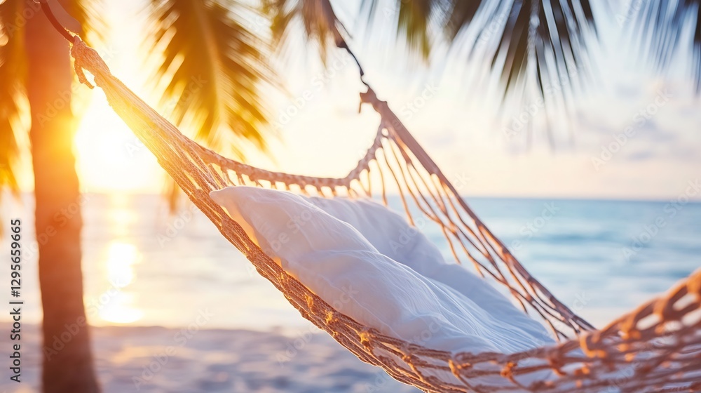 Aufkleber Serene beach view with a cozy hammock swaying gently under palm trees at sunset creating a relaxing getaway : Generative AI