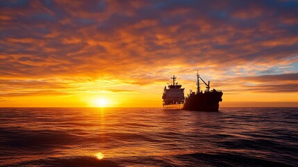 Fototapeta premium Oil Tanker Ship Silhouette at Sunset Over Calm Ocean Waters : Generative AI
