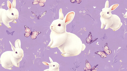 A playful pattern of hopping bunnies and flying butterflies on a soft lavender background, Easter concept