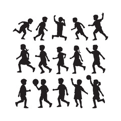 collection of ten Silhouette of a group of children playing .white background.