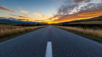 Fototapeta premium Smooth empty road stretching towards a vibrant sunset surrounded by lush fields creates a captivating scene : Generative AI