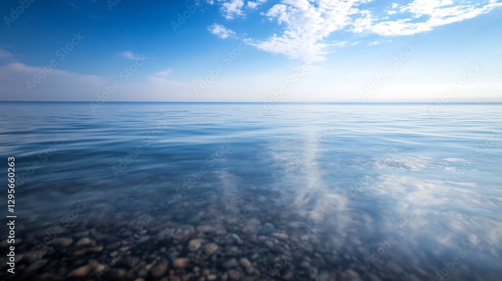 Poster Calm water surface with gentle waves reflecting clouds and sky in a serene landscape : Generative AI