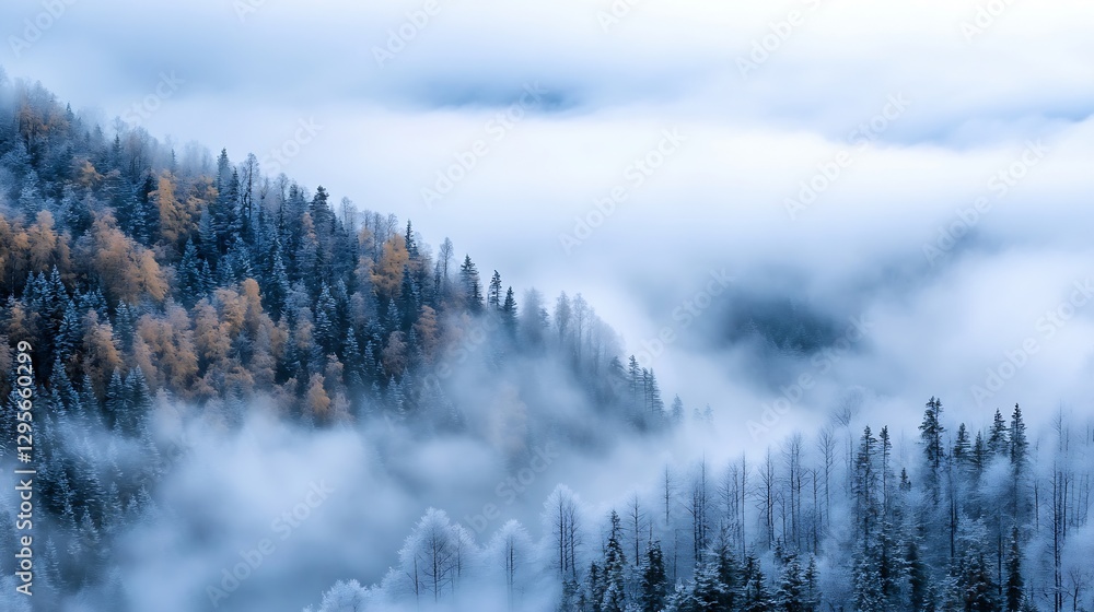Aufkleber enigmatic winter landscape of snow-covered mountains and trees wrapped in dense clouds : generative 