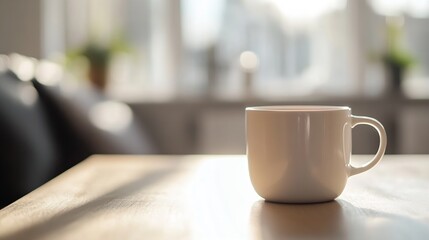 Fototapeta premium Minimalist coffee cup sitting on a wooden table with soft morning light streaming through a window : Generative AI