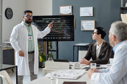 Portrait of mature Middle Eastern man as doctor giving presentation during medical conference and pointing at statistics data on digital board copy space