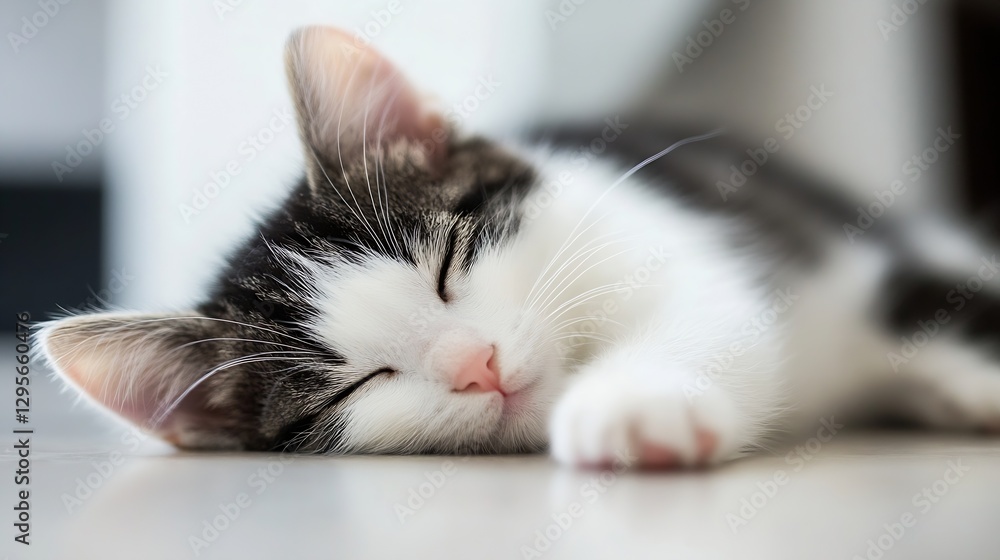 Aufkleber adorable sleepy kitten resting peacefully on a soft floor with eyes closed in a cozy home setting : 