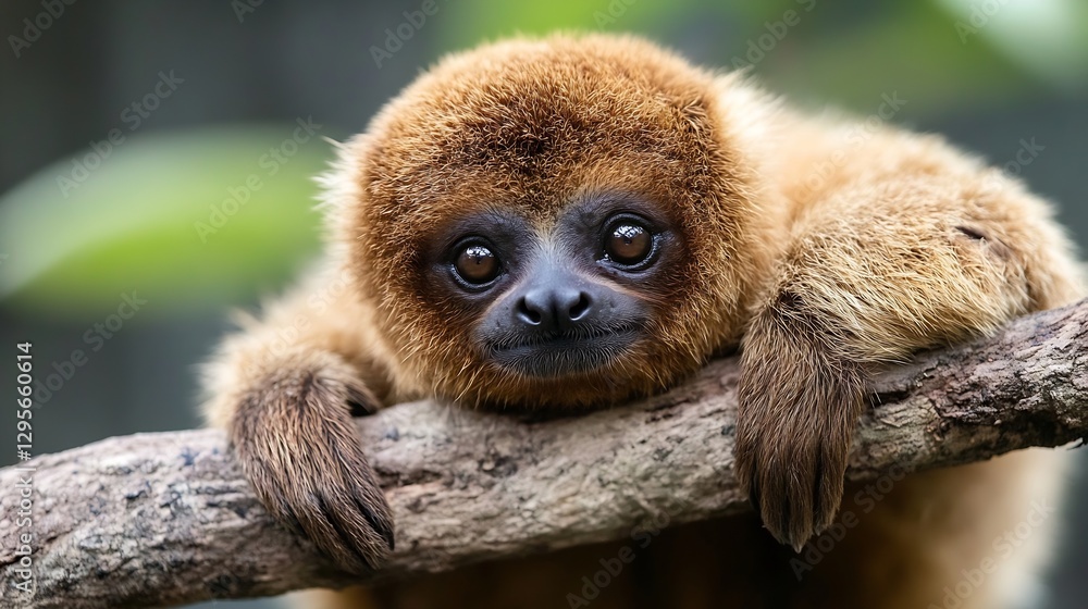Poster close up of a cute brown sloth relaxing on a branch in a lush green jungle environment : generative 