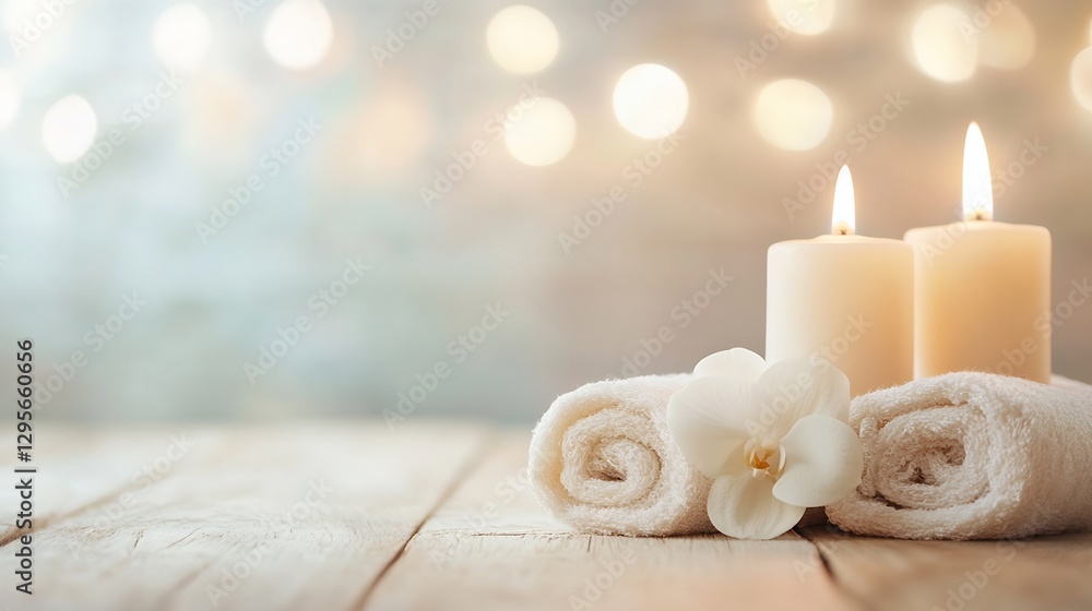 Aufkleber Elegant arrangement of soft towels and lit candles with a delicate orchid flower on rustic wooden surface : Generative AI