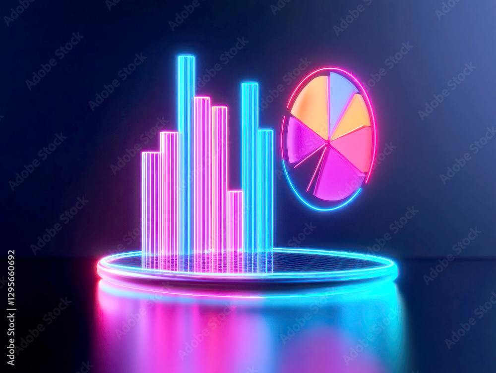 Poster vibrant neon data visualization with glowing charts and graphs.