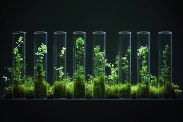 Green Plants Growing in Test Tubes in a Dark Laboratory Setting