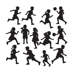 collection of ten Silhouette of a group of children playing .white background.