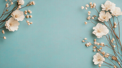 Beautiful white flowers on a vintage blue background with copy space and text space ideal for decorative designs including romantic designs, wedding invitations, valentines day and women's day