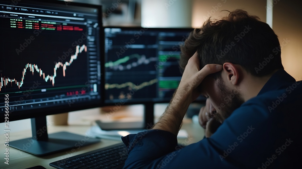 Aufkleber Stressed Businessman Analyzing Stock Market Data on Multiple Computer Screens in Modern Office : Generative AI