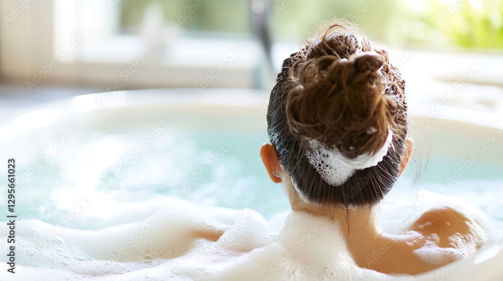 Poster Calming View of a Woman Enjoying a Relaxing Bath in a Beautiful Setting : Generative AI
