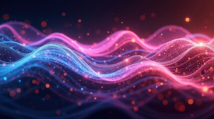 A cosmic ballet of entangled quantum waves, glowing filaments intertwining, vibrant neon pulses flowing in synchronized motion, a surreal dance of quantum connectivity.