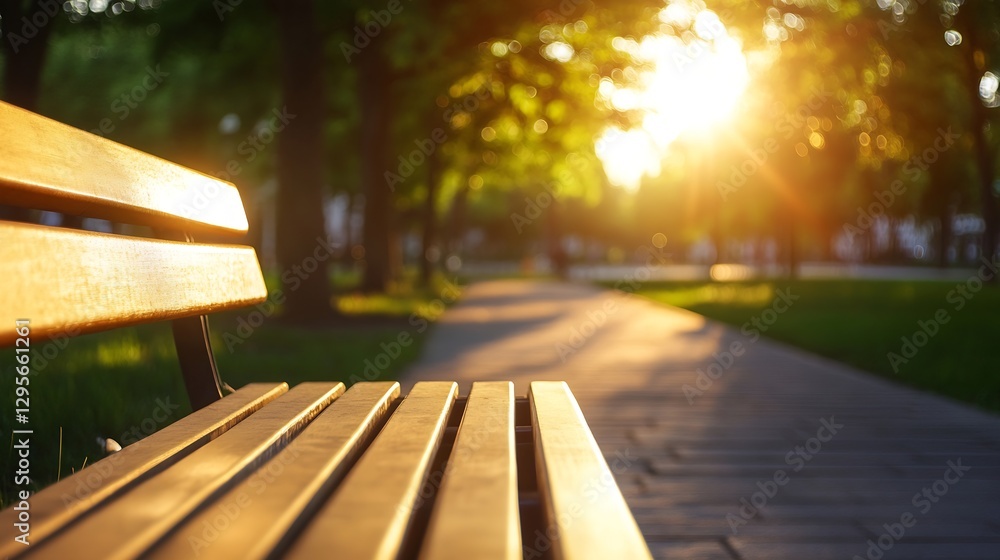Poster golden rays of sunset shining through trees cast warm light on a park bench : generative ai