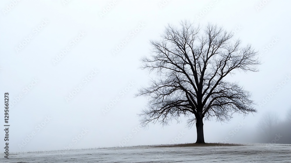 Poster Lonely bare tree standing tall in a misty field surrounded by fog creating an eerie atmosphere : Generative AI
