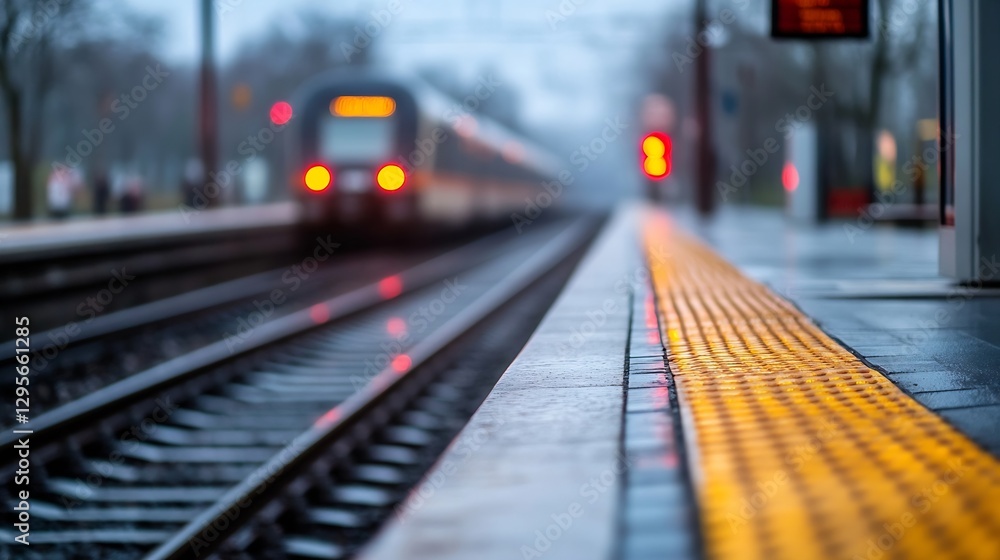 Poster Blurry View of Train Station with Red Signal Lights and Platform Edge at a Foggy Dawn : Generative AI