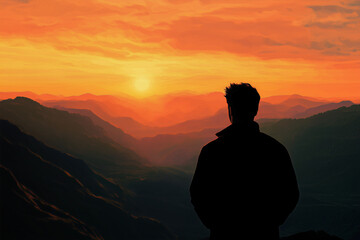 Silhouetted Man Contemplating Majestic Sunset Over Mountain Range