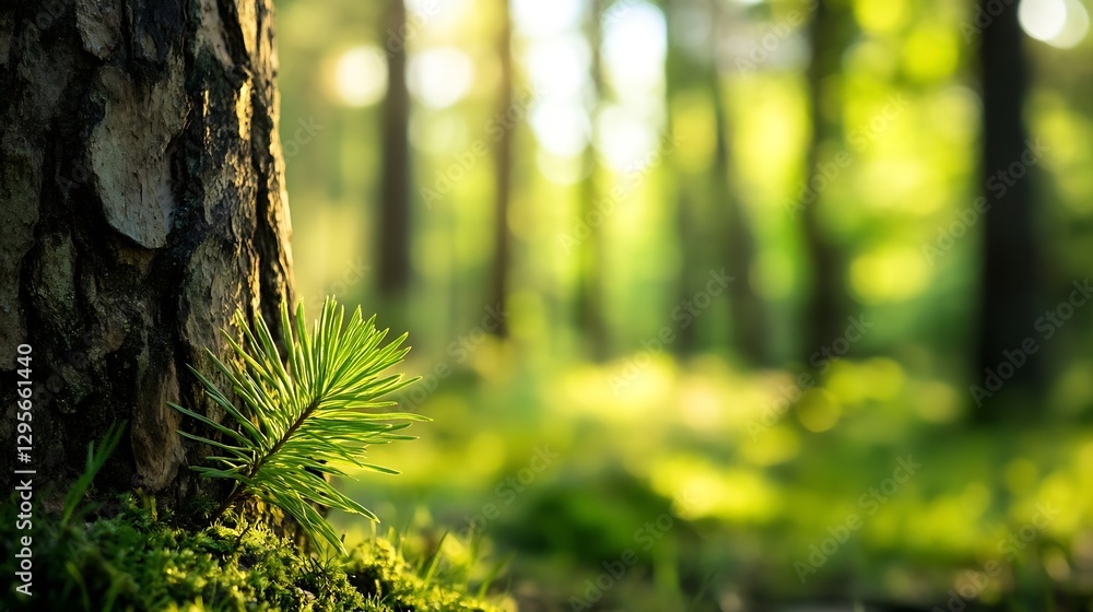 Poster lush green pine branch emerging from tree trunk in sunlit forest background : generative ai