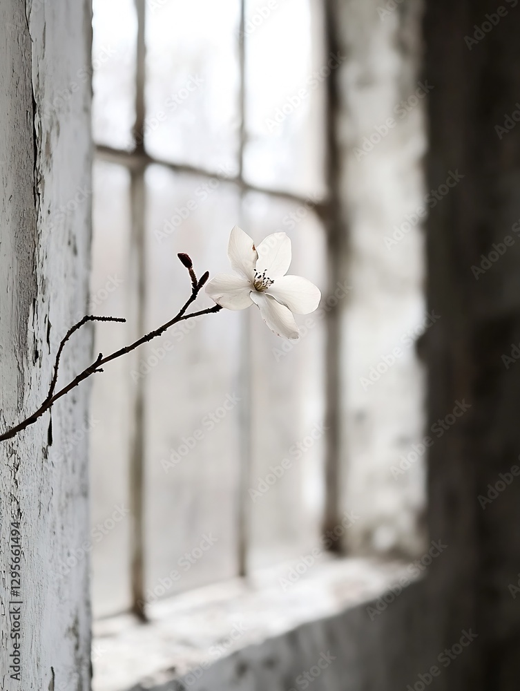 Aufkleber delicate white flower blooming near an old window with soft background lighting creating a tranquil 