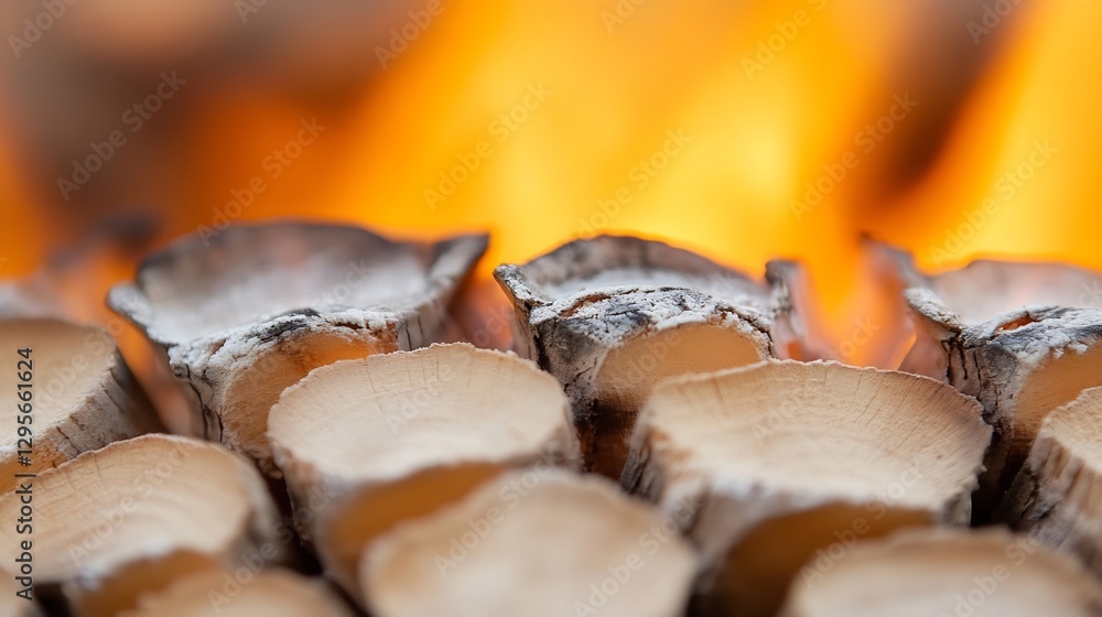 Poster Close up of firewood logs with flames in the background creating a warm and cozy atmosphere : Generative AI