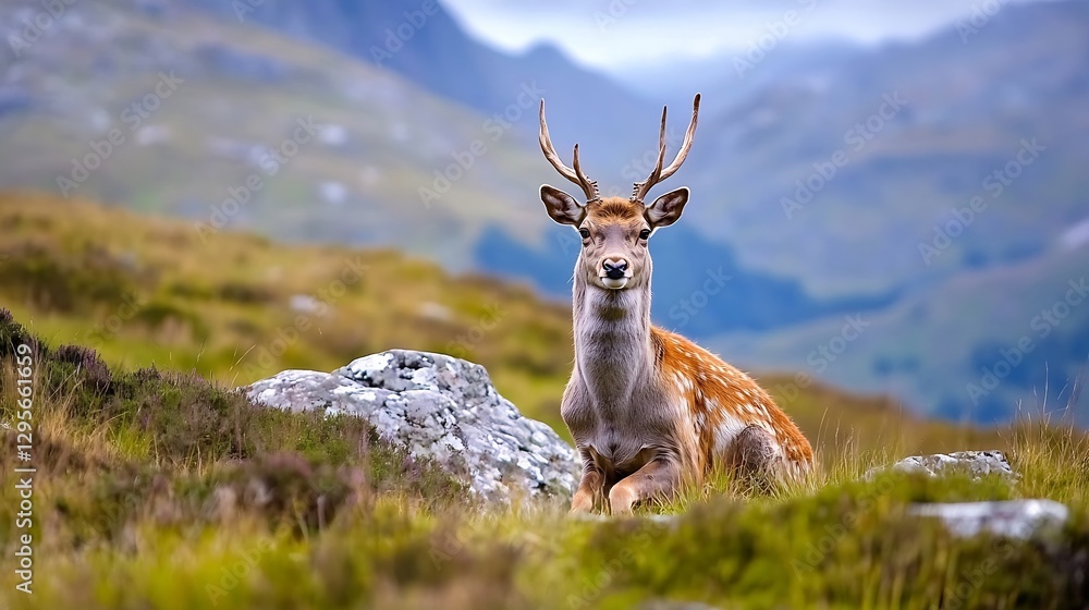 Poster majestic deer resting in a serene landscape surrounded by lush greenery and distant mountains under 