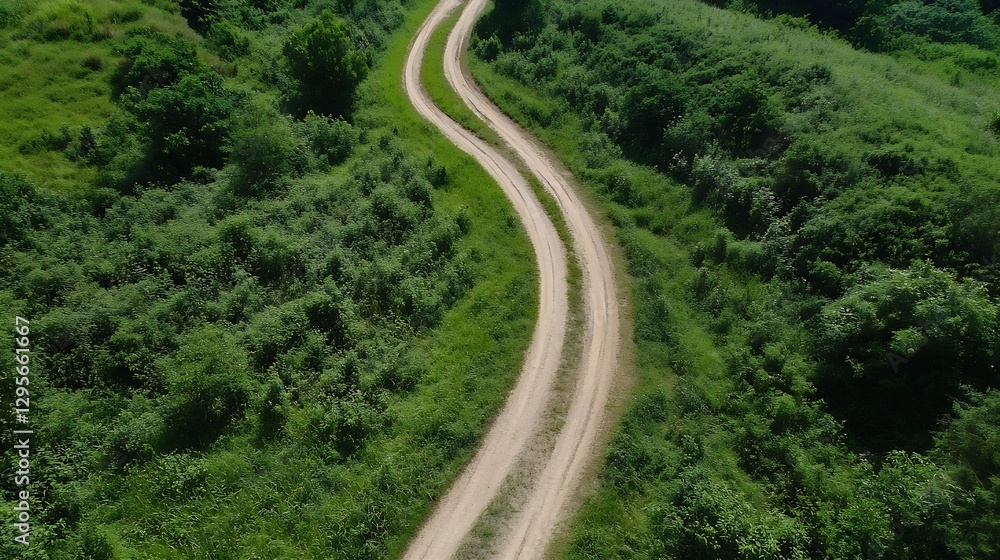 Aufkleber aerial view of a winding dirt road surrounded by lush green fields and trees on a sunny day : genera