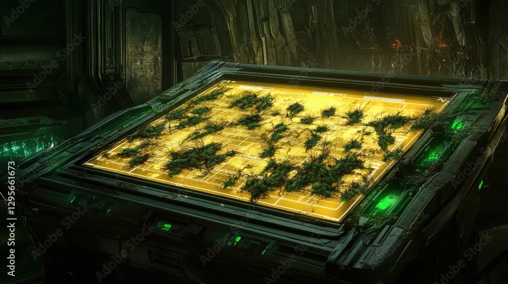 Poster futuristic control panel with green bio-organic patterns and illuminated circuits in a sci-fi enviro