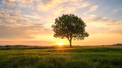 Fototapeta premium Stunning sunset tree silhouette in peaceful green field under colorful sky : Generative AI