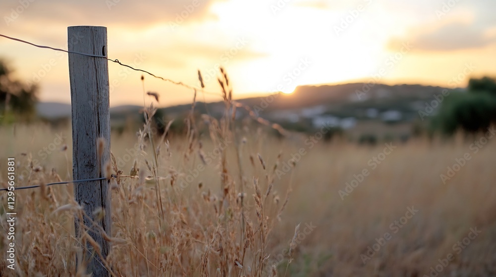Poster golden sunlight illuminating a tranquil countryside scene with dry grass and rustic fence : generati