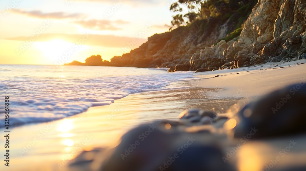 Poster golden sunset casting beautiful reflections on the tranquil shore with soft waves gently lapping at 