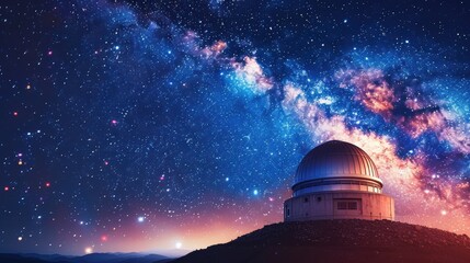 Obraz premium A breathtaking digital artwork featuring an astronomical observatory beneath a vast, star-filled Milky Way. The vibrant cosmic colors blend with the warm glow