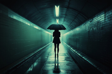 Woman with Umbrella Walking Alone in Dark Rainy Tunnel Nighttime Cityscape