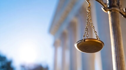 Closeup of a golden scale symbolizing justice against the backdrop of a blurred legal building : Generative AI