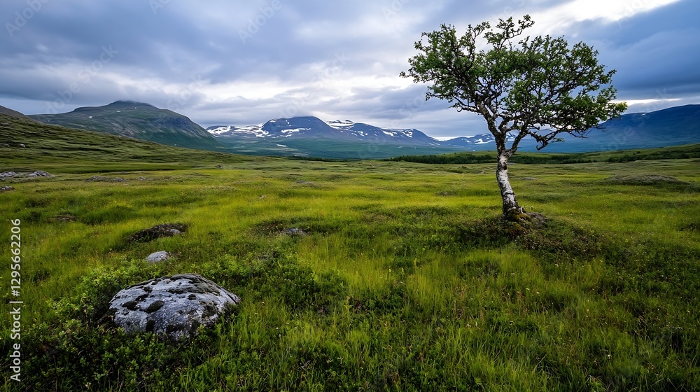 Aufkleber lone tree standing in serene green landscape under a cloudy sky displaying natural wilderness : gene