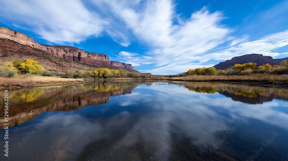 Poster stunning reflection of colorful rock formation and sky in calm river : generative ai