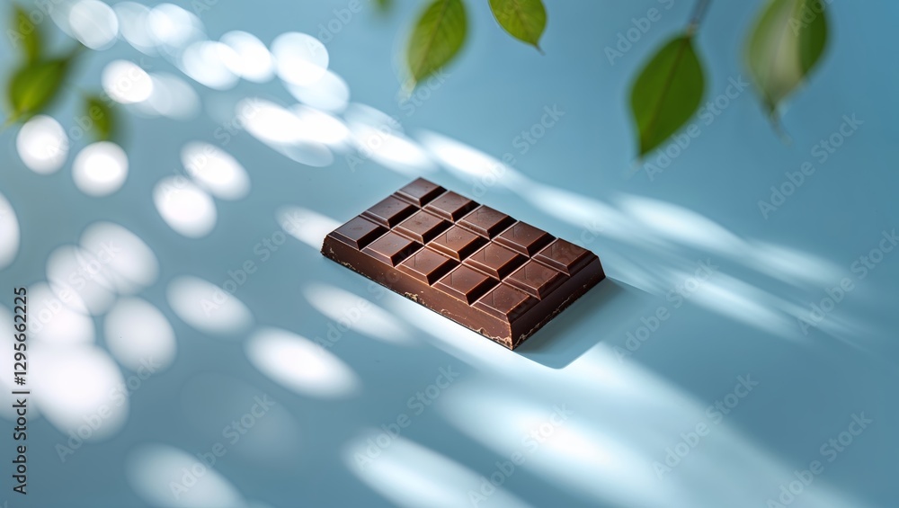 Poster dark chocolate bar resting on a blue surface with shadow patterns created by leaves in sunlight