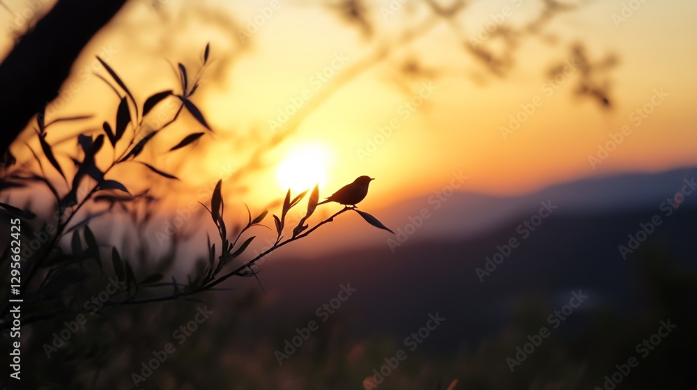Poster silhouette of a bird perched on a branch against a vibrant sunset backdrop : generative ai