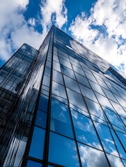 Naklejka premium Majestic View of Modern Glass Buildings Reflecting a Blue Sky with Fluffy Clouds : Generative AI