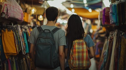 Obraz premium A man and a woman are walking through a store with backpacks on. Generative AI
