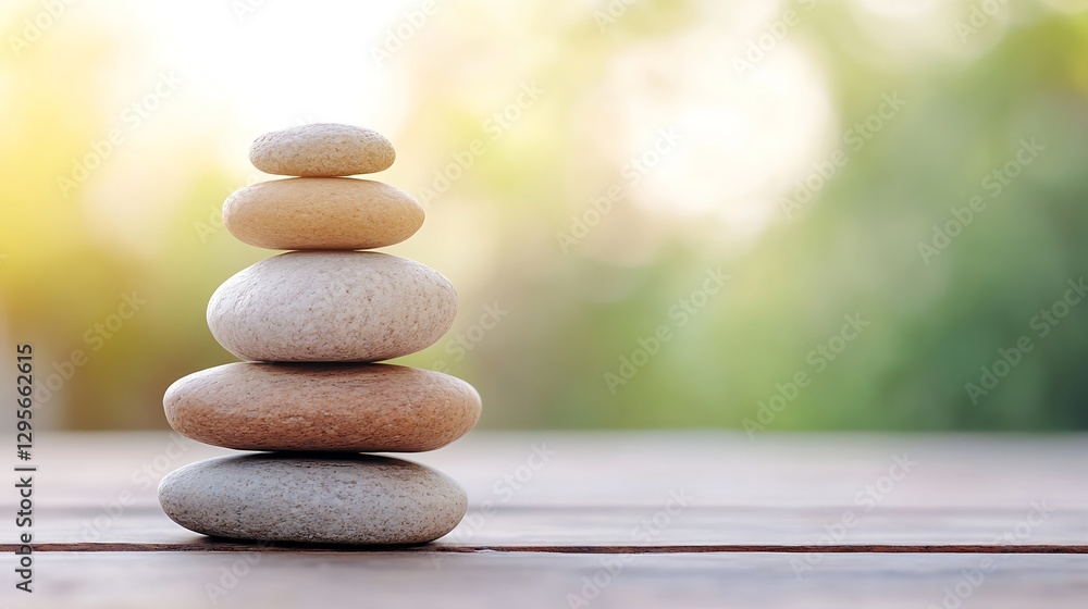 Poster Beautifully arranged smooth pebbles forming a decorative stack against a blurred background : Generative AI