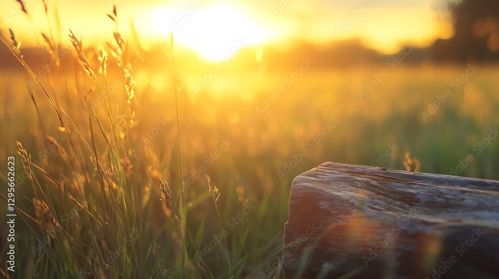 Poster golden hour light filtering through grass and wood creating a warm atmosphere : generative ai